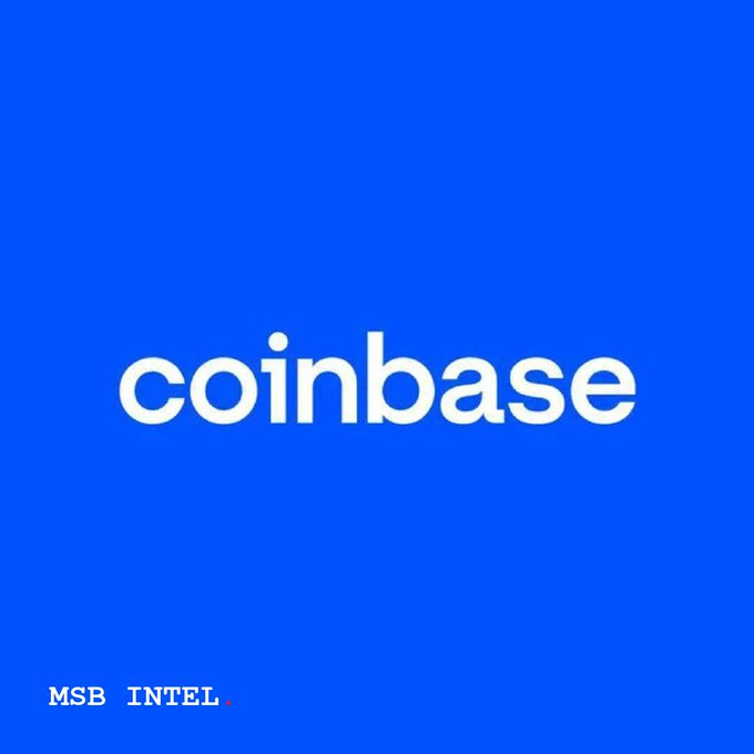 A blue screen displaying the white 'coinbase' logo with 'MSB INTEL' in the bottom left corner.
