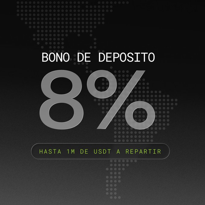 Promotional graphic with a dark background featuring a dotted world map, displaying "BONO DE DEPÓSITO 8%" in large silver text and "HASTA 1M DE USDT A REPARTIR" in a yellow-bordered banner, advertising the OKX 8% deposit bonus campaign for Latin America that offers up to 1 million USDT in rewards for eligible deposits starting from 100 USDT.