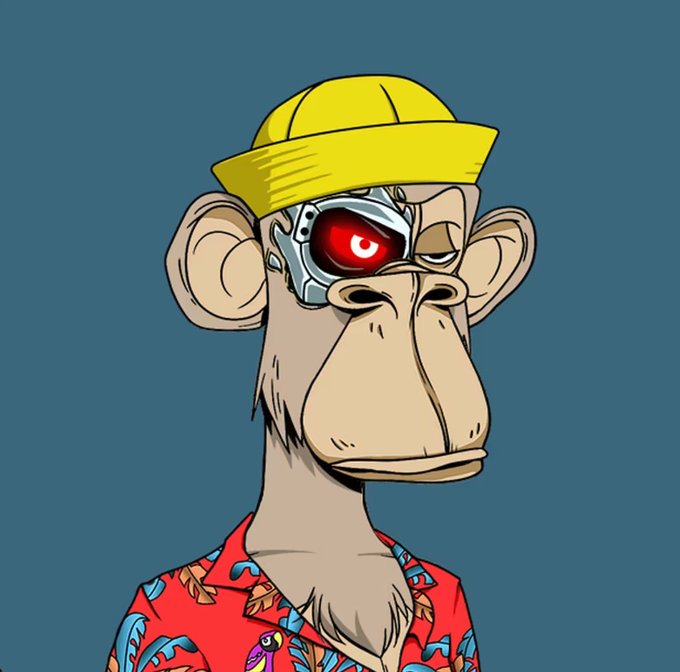A stylized cartoon monkey wearing a yellow bucket hat and a red Hawaiian shirt has a glowing red cybernetic eye on one side and a half-closed normal eye on the other.