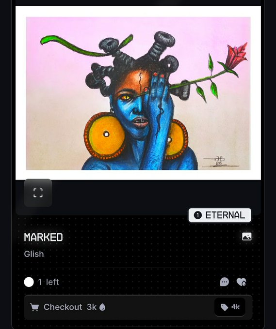 A digital storefront listing for the NFT artwork "MARKED" by Glish, priced at 4k with 1 left in stock, featuring a vibrant pastel and charcoal portrait of a blue-skinned figure with elaborate hairstyles holding a rose, ready for checkout in 3k. The piece is part of an Eternal collection on Drip.haus, showcasing the artist's expressive use of color and medium.