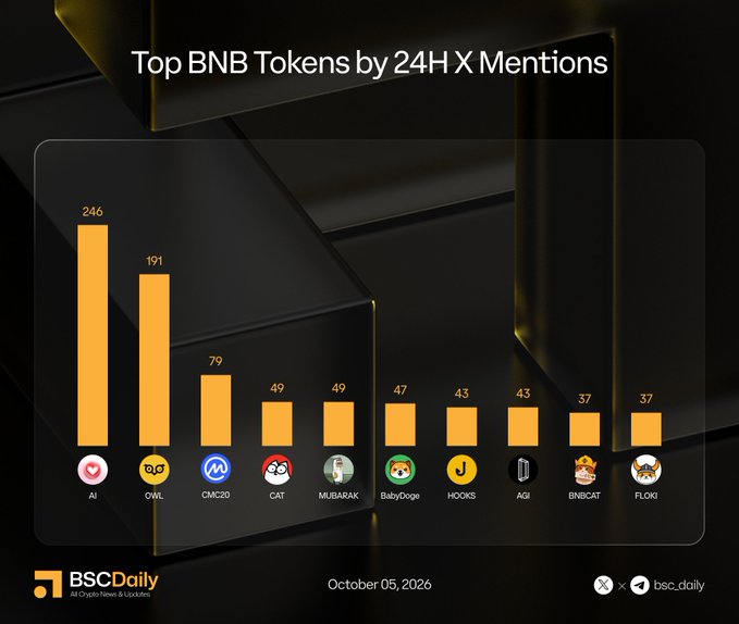 A graphic titled "Top BNB Tokens by 24H X Mentions" displays a bar graph ranking AI (246), OWL (191), CMC20 (79), CAT and MUBARAK (49 each), BabyDoge (47), HOOKS and AGI (43 each), and BNBCAT and FLOKI (37 each), aligning with the listed Twitter handles of each featured token.