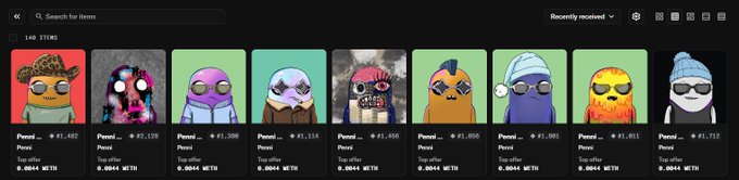 The image shows an NFT collection page displaying a row of 10 quirky, cartoonish digital avatars with varied designs and colors, each priced around 0.0044 ETH, with stats indicating "Top offer" values of "#1,492" through "#1,717." The screenshot illustrates the user's accomplishment of sweeping 10 Penni Crypto NFTs, as mentioned in the accompanying post.