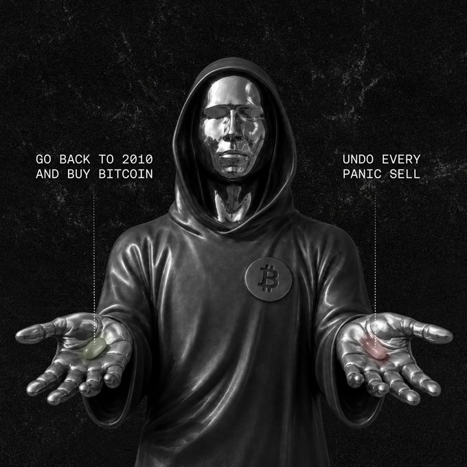 A metallic hooded figure with a Bitcoin logo on its chest extends both hands, offering two pills: a green capsule labeled "GO BACK TO 2010 AND BUY BITCOIN" in its left hand and a pink capsule labeled "UNDO EVERY PANIC SELL" in its right hand, forcing viewers to choose between the two regrets.
