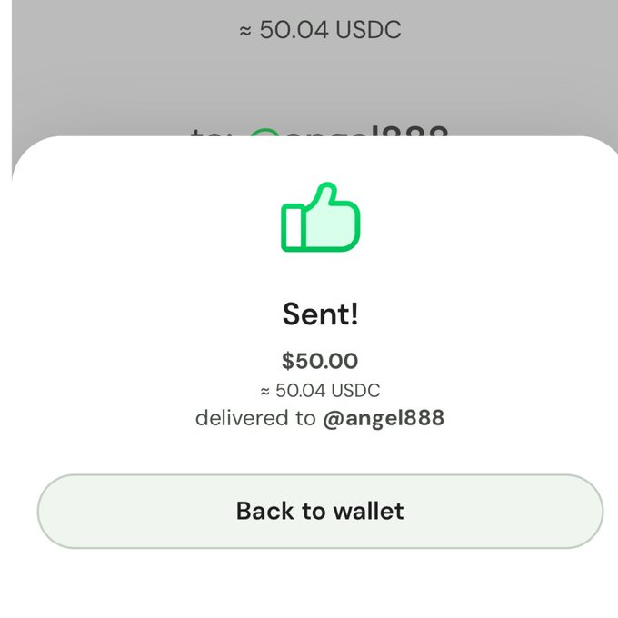 A mobile payment confirmation screen showing a green thumbs-up icon, "Sent!" text, $50.00 (≈ 50.04 USDC) delivered to @angel888, with a "Back to wallet" button.