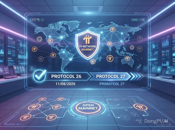 A futuristic digital interface displays a 'PI NETWORK MAINNET' shield over a world map, with progress arrows indicating the transition from 'PROTOCOL 26' dated '11/08/2026' to 'PRORATCOL 27', and an 'OPEN MAINNET' button below.