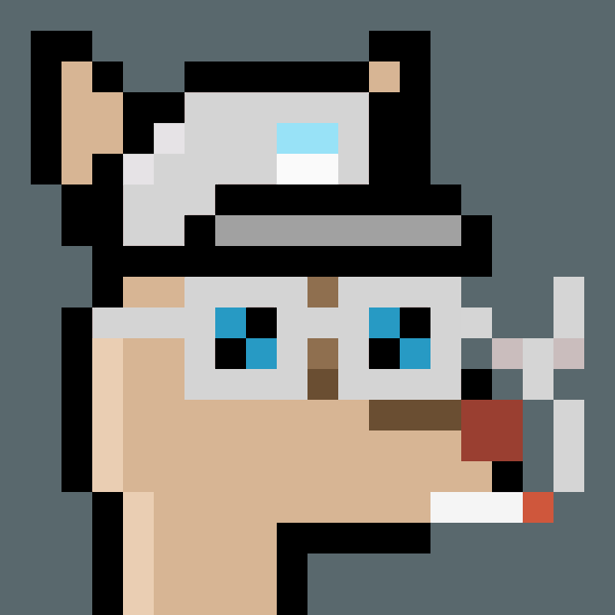 A pixel art illustration of a character with blue eyes wearing a white and black headband or hat.