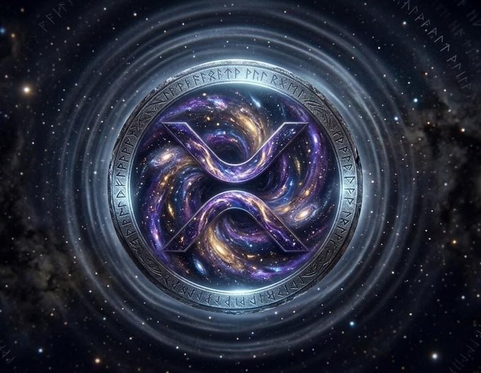 A cosmic, galaxy-themed XRP (Ripple) cryptocurrency logo surrounded by glowing rings and rune-like symbols against a starry space background.