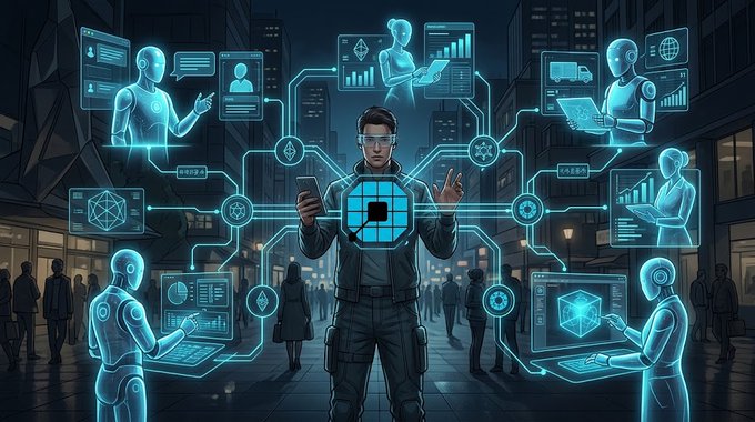 A digital illustration depicts a man in tactical clothing standing in a futuristic cityscape, surrounded by glowing blue holographic figures working on laptops and floating tech interface panels connected by lines.