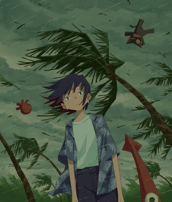 The image features a girl standing under a palm tree, holding an umbrella or parasol over her head as she looks up at the sky. The background of the image shows a stormy sky with several birds flying around. There are also two other umbrellas visible in the scene, one near the center and another towards the right side. The post includes text that reads "New drop!! My entry for #proofofpalm2026 #proofofpalm Beach trip status: failed successfully".