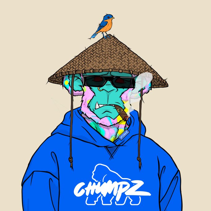 An illustrated cartoon character of a green-skinned figure wearing a straw hat, sunglasses, blue hoodie labeled 'CHUMPZ', and smoking a cigar, with a small bluebird perched on the hat.