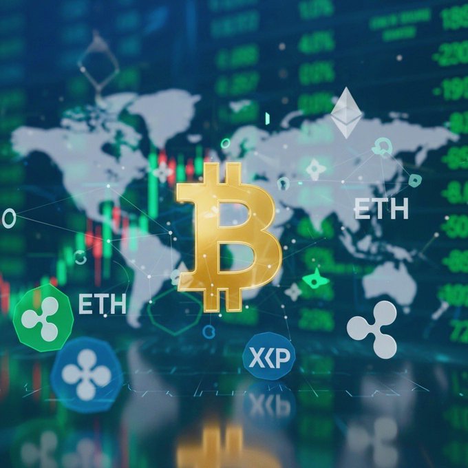 A glowing golden Bitcoin logo dominates the center of the image, surrounded by floating cryptocurrency icons including Ethereum (ETH), Ripple (XRP), and others against a backdrop of world maps and financial charts. The composition visually reinforces the post's message of Bitcoin consolidating while the broader crypto and DeFi market remains active, highlighting the global and interconnected nature of digital currency trading.