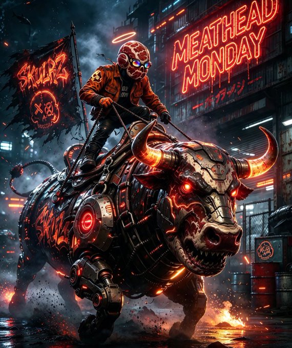 A dramatic digital artwork shows a skeletal figure riding a cyberpunk, mechanical bull with glowing red eyes and horns, under neon signs reading 'MEATHEAD MONDAY' and 'SKULZ.'
