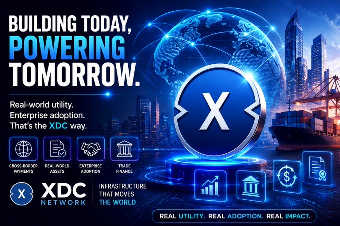 A promotional graphic for XDC Network featuring the tagline "BUILDING TODAY, POWERING TOMORROW" alongside a glowing X token emblem, a digital globe, and cityscape imagery, highlighting four core pillars: cross-border payments, real-world assets, enterprise adoption, and trade finance. The visual reinforces the post's message about XDC Network providing the infrastructure for institutional blockchain adoption, RWAs, stablecoins, and digital settlement.