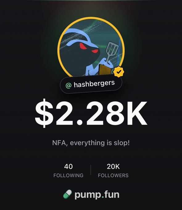 The image shows a Pump.fun profile for @hashbergers featuring an illustration of a dark character holding a spatula, displaying a portfolio value of $2.28K, with 20K followers and 40 following. The "W." caption celebrates reaching the 20,000 follower milestone shown in the profile, tying the achievement directly to the follower count displayed.