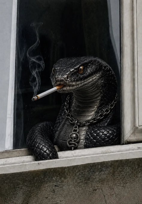 A detailed digital artwork of a black cobra with a silver chain necklace smoking a cigarette while peering through an open window.