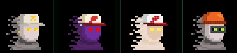 Four pixel art character sprites with various colored caps and glowing eyes.