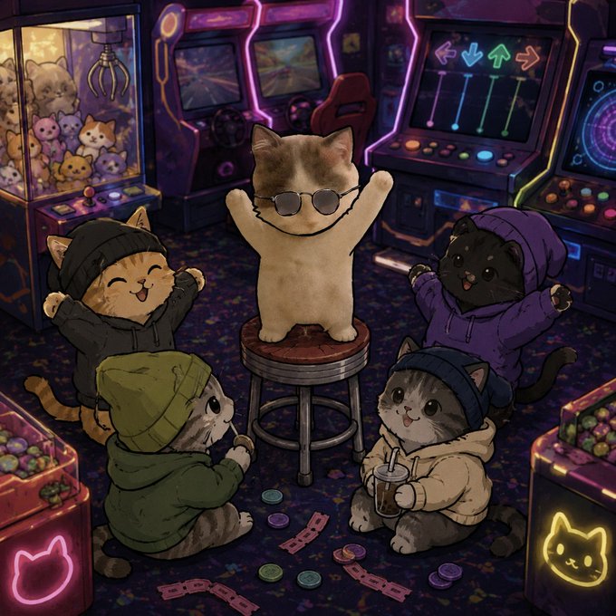 A whimsical illustration of five cute cats in hoodies gathered around a central cat wearing sunglasses on a stool in a neon-lit arcade.