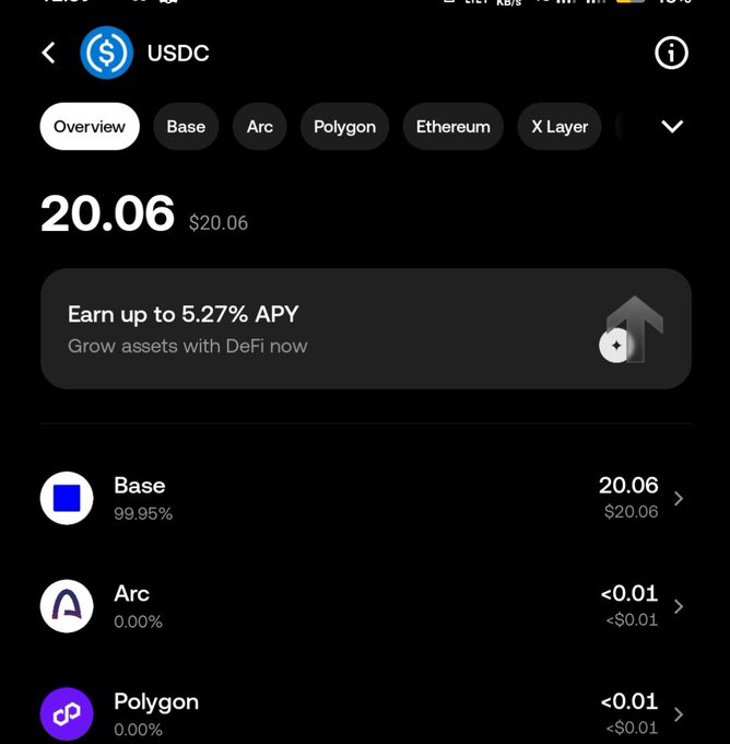 A cryptocurrency wallet app screenshot showing a USDC balance of 20.06 ($20.06) with an offer to 'Earn up to 5.27% APY' via DeFi, displaying holdings across Base, Arc, and Polygon networks.