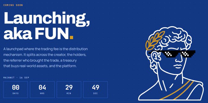 The image promotes the upcoming "Launching, aka FUN" launchpad, featuring a countdown of 00 days, 04 hours, 29 minutes, 49 seconds to its Mainnet launch on September 16, with an illustration of a classical statue wearing pixelated "deal with it" sunglasses and a laurel wreath.

The caption relates to the post by providing the visual teaser and countdown for the AKA/DN404 mint event scheduled around September 16-17.