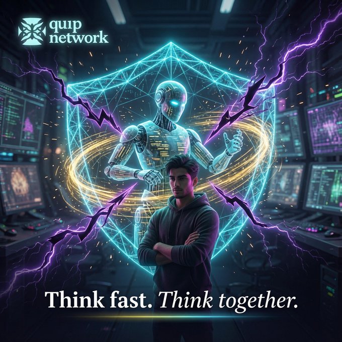 Promotional artwork for 'quip network' shows a glowing robot behind a young man with crossed arms, surrounded by purple lightning and the tagline 'Think fast. Think together.'