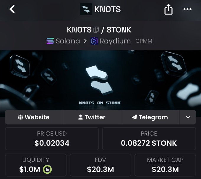 A cryptocurrency token information page for 'KNOTS / STONK' on Solana via Raydium CPMM, showing a price of $0.02034 USD (0.08272 STONK), $1.0M liquidity, $20.3M FDV, and $20.3M market cap.
