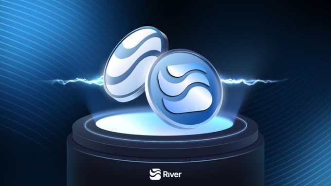 The image features a pair of blue coins floating in midair above a black platform with the words "River" written on it. The coins are positioned at different heights, creating an interesting visual effect. The background of the image is dark blue, which contrasts with the white and blue colors of the coins. The text "happy monday guys did a little dive in @RiverdotInc architecture I saw that River is building a chain-abstraction stablecoin system the system enables; cross-chain collateral ... yield ... liquidity all without bridging", along with the words "River" written on it, suggests that these coins are part of a cryptocurrency project or initiative.