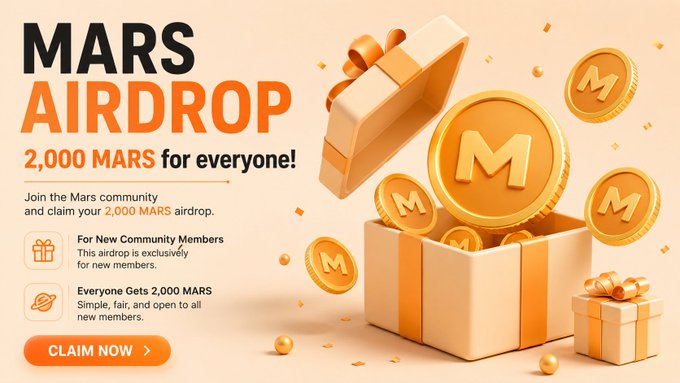 A promotional banner advertises a 'MARS AIRDROP' offering '2,000 MARS for everyone!' with a 'CLAIM NOW' button and gold coin graphics featuring the letter 'M'.
