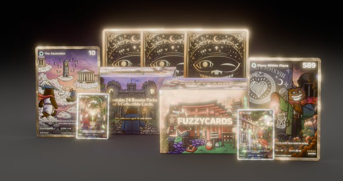 The image showcases a digital trading card collection from FUZZYCARDS, featuring collectible cards like "The Ascension" (numbered 10) and "Piggy Within Piano" (numbered 589), along with promotional text offering "24 Booster Packs of 5 Collectible Cards."

The post celebrates FUZZY breaking through XRP Cafe for the 5th time, with the image displaying FUZZYCARDS' digital collectibles, likely tied to the XRP (XRP Ledger) ecosystem that FUZZYCARDS operates on, reinforcing the bullish sentiment about the platform's growing adoption.