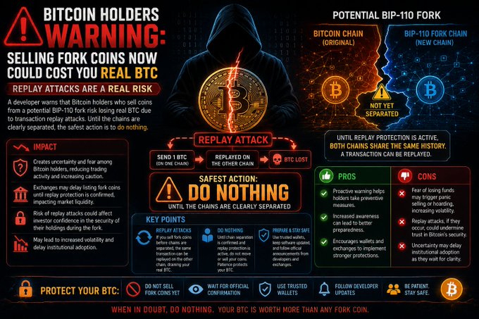 Infographic titled 'BITCOIN HOLDERS WARNING: SELLING FORK COINS NOW COULD COST YOU REAL BTC,' explaining replay attacks from a potential 'BIP-110' fork and advising holders to 'DO NOTHING' until chains are clearly separated.