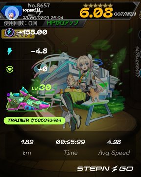 The image shows a step counting app's progress dashboard, with the user's progress displayed in both km/h and seconds. The main character of the game has just completed a lap or a run, as indicated by the text 'AVERAGE SPEED' and 'LEARN TO TRAINER'. The character is shown on the screen while the time remaining to reach their target for today's run is displayed. The image also features different colored arrows in various positions that suggest movement or progress towards reaching the target speed of 5 km/h.