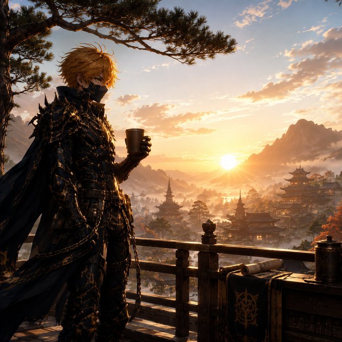 An anime-style illustration of a blonde character in black and gold armor holding a cup, standing on a balcony overlooking a traditional Japanese city with pagodas at sunset.