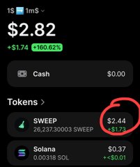 Mobile wallet screen showing a $2.82 balance with +$1.74 (+160.62%) gain, highlighting a SWEEP token balance of 20,237,3003 SWEEP worth $2.44.