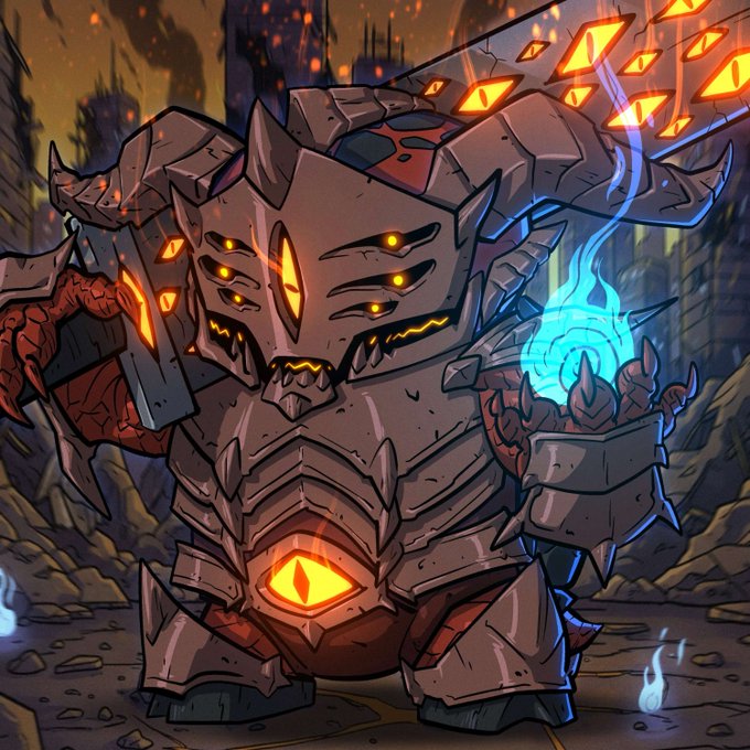 Digital fantasy artwork of a menacing stone demon statue with glowing orange eyes and cracks, holding blue flame energy in one hand and a fiery weapon in the other.