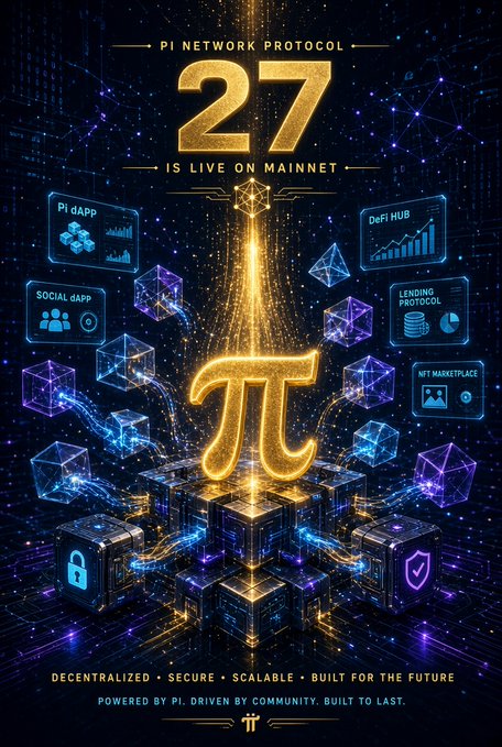 A promotional graphic announces 'PI NETWORK PROTOCOL 27 IS LIVE ON MAINNET' featuring a glowing pi symbol, with features like Pi dAPP, DeFi HUB, Social dAPP, Lending Protocol, and NFT Marketplace, tagged 'DECENTRALIZED • SECURE • SCALABLE • BUILT FOR THE FUTURE'.