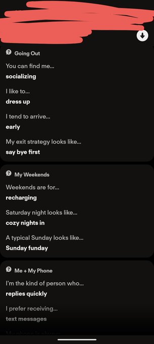 A mobile app screen displays personality-related answers, with sections titled "Going Out", "My Weekends", and "Me + My Phone" showing choices like "socializing", "recharging", and "replies quickly".