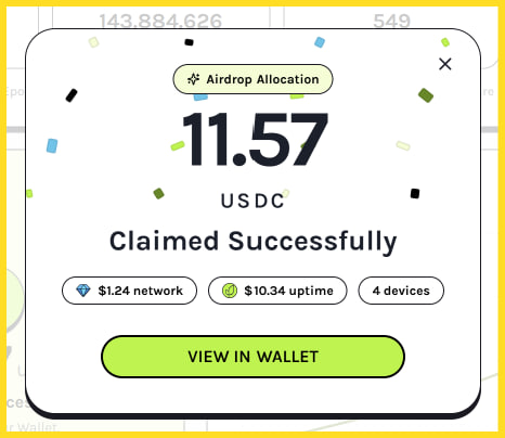 A success modal displaying "Claimed Successfully" for an "Airdrop Allocation" of 11.57 USDC, showing $1.24 network fee, $10.34 uptime, and 4 devices, with a "View in Wallet" button—illustrating the completion of the $GRASS airdrop claim process mentioned in the post.