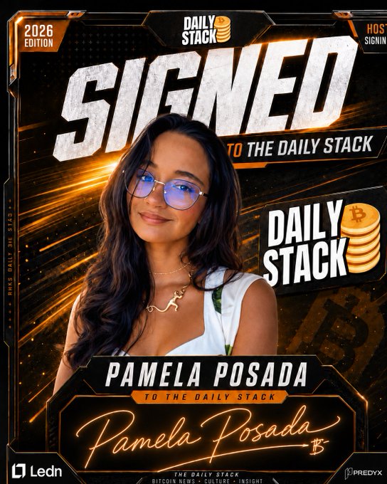 A promotional graphic announcing 'PAMELA POSADA TO THE DAILY STACK,' featuring a woman with blue-tinted glasses and a signature, branded as the 2026 Edition of Daily Stack.