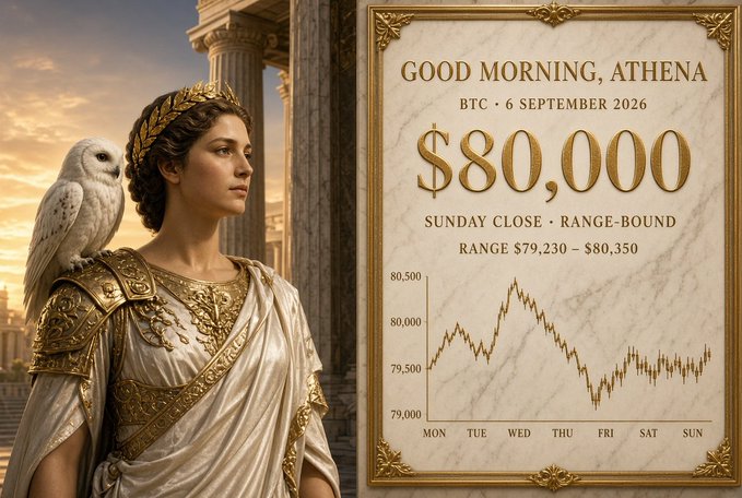 A decorative graphic titled 'GOOD MORNING, ATHENA' showing a woman in classical Greek attire with an owl, displaying BTC at $80,000 with a Sunday close price chart ranging from $79,230 to $80,350 for 6 September 2026.
