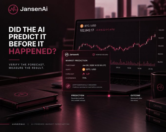 A promotional graphic for "JansenAi" featuring a laptop displaying a "BTC / USD" chart at "102,842.17," a "VERIFIED RECORD" card showing a timestamp of "Jan 09, 2026 14:32:18 UTC," and the headline "DID THE AI PREDICT IT BEFORE IT HAPPENED?"