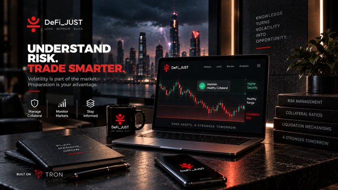 The image is a promotional banner for DeFILJUST, a DeFi platform, featuring a laptop displaying a candlestick trading chart alongside branded merchandise (mug, notebook, phone case) and a city skyline backdrop, with the tagline "UNDERSTAND RISK. TRADE SMARTER" and tags like "Manage Collateral," "Monitor Markets," and "Stay Informed." It visually reinforces the post's message about preparing for cryptocurrency volatility, showcasing DeFILJUST as a tool for managing risk through features like collateral monitoring and market analysis on the Tron network.