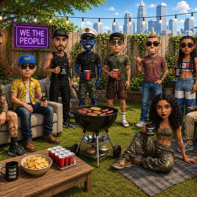 Stylized 3D illustration of a backyard barbecue gathering with diverse cartoon characters around a grill, featuring a neon 'WE THE PEOPLE' sign and a city skyline in the background.