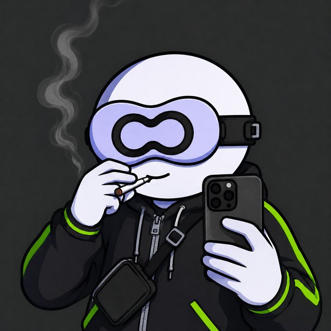 A cartoon mascot character wearing a purple infinity-symbol mask and black hoodie smokes a cigarette while looking at a smartphone.