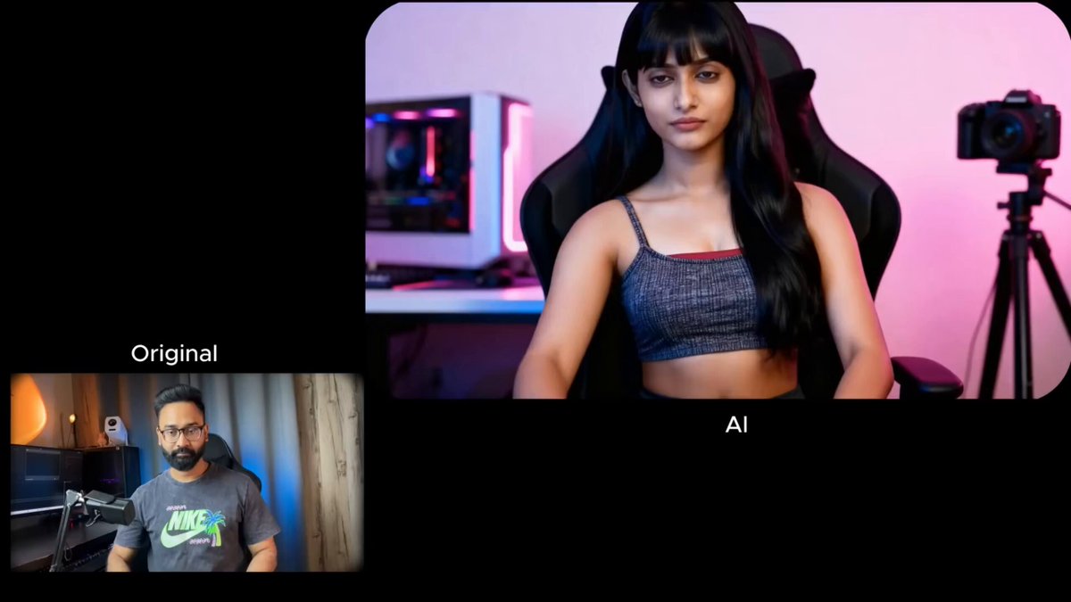 The image shows two photos with different titles, both related to a man sitting in a chair wearing a black tank top. The first photo features another person, likely the actor or model behind the faceless channel, while the second photo depicts an AI character in front of a camera setup. Both images convey a sense of anonymity and the use of technology for personal expression or entertainment purposes.