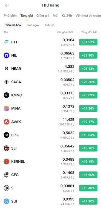 A Vietnamese cryptocurrency app showing a "Thứ hạng" (ranking) list with tickers like FTT, NIL, NEAR, SAGA, and KMNO with green percentage gains.