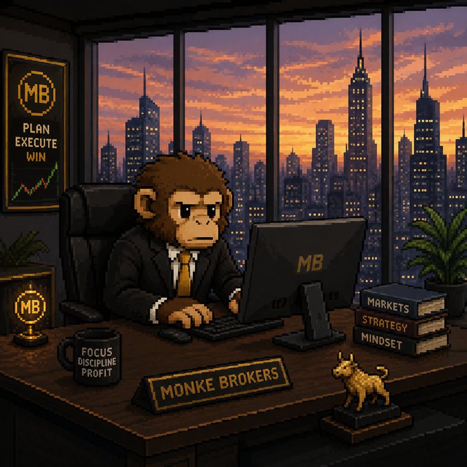 A pixel-art monkey in a suit works at a desk labeled "MONKE BROKERS," with a nameplate, motivational mug reading "FOCUS DISCIPLINE PROFIT," and books titled "MARKETS," "STRATEGY," and "MINDSET," backed by a sunset city skyline and an "MB" logo poster displaying "PLAN EXECUTE WIN." The image reinforces the Monke Brokers brand identity symbolizing the serious, on-chain trading infrastructure backing the $MONKE token on Solana.