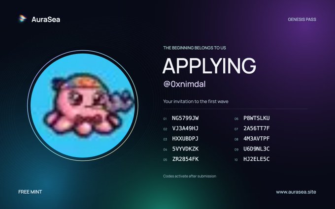 An 'AuraSea' promotional graphic for a 'GENESIS PASS' with the header 'THE BEGINNING BELONGS TO US' and 'APPLYING @0xnimdal,' displaying 10 invitation codes and noting 'FREE MINT' alongside a pixel art octopus character.
