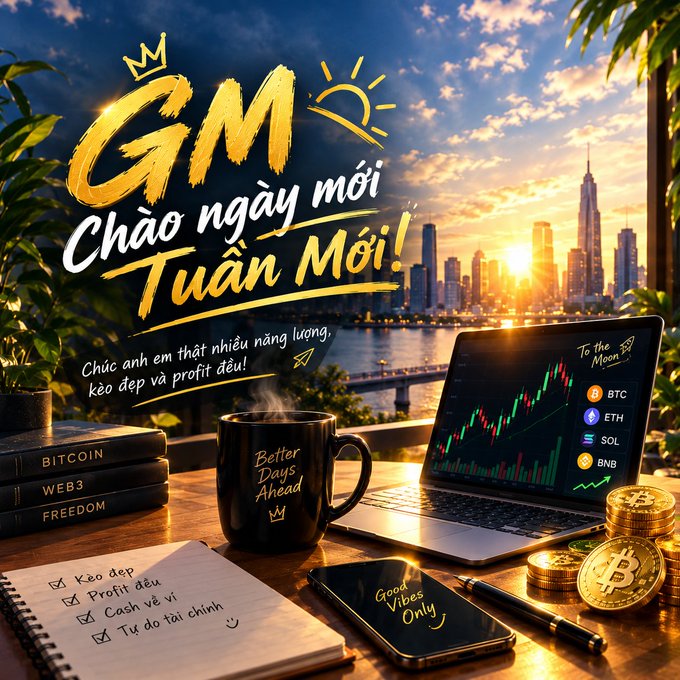 A stylized motivational graphic with 'GM Chào ngày mới Tuần Mới!' wishing a good week, set against a city skyline at sunrise, featuring a laptop displaying BTC, ETH, SOL, and BNB charts, stacks of Bitcoin, a coffee mug, and a checklist.