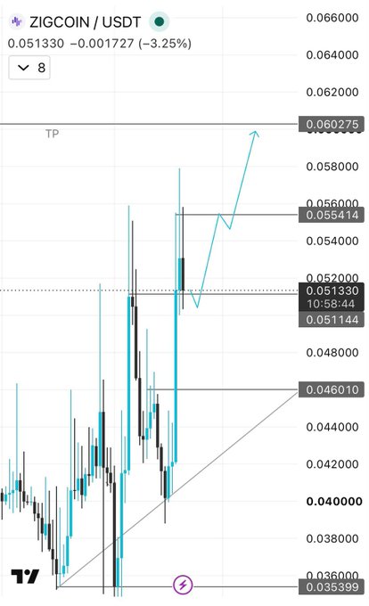 A TradingView chart for ZIGCOIN/USDT shows the price at 0.051330, down 3.25%, with an annotated upward projection pointing toward a take profit (TP) target of $0.060275—visually reinforcing the post's bullish outlook on $ZIG.