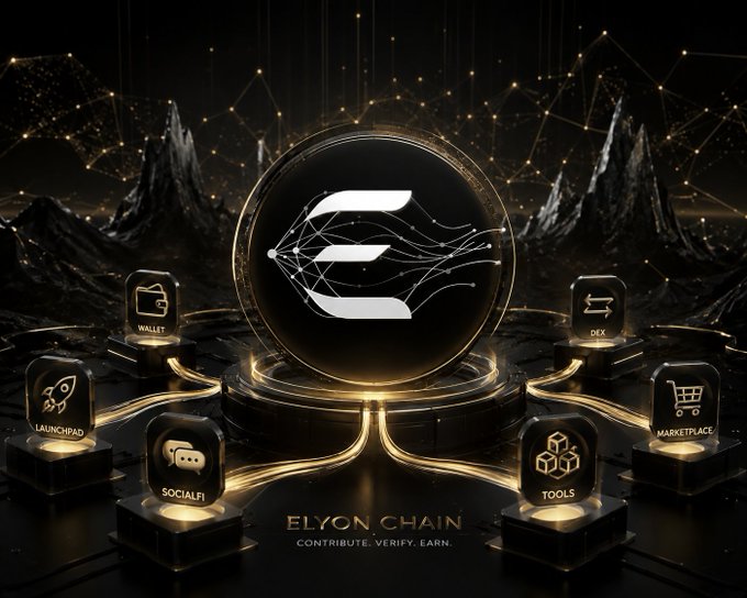A digital graphic displaying a logo with the text 'ELYON CHAIN' and 'CONTRIBUTE. VERIFY. EARN.' surrounded by icons labeled 'WALLET', 'LAUNCHPAD', 'SOCIALFI', 'DEX', 'TOOLS', and 'MARKETPLACE'.