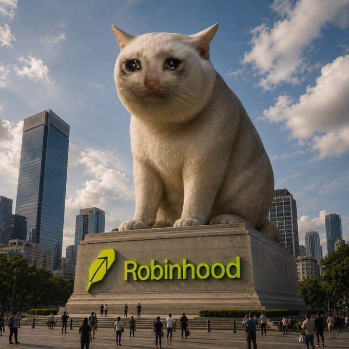 A colossal white cat statue towers over a city plaza, perched atop a stone pedestal emblazoned with the green "Robinhood" logo and feather icon, as tiny visitors gather at its base. The image visually echoes the post's $CASHCAT meme coin narrative by depicting a monument-scale feline as the mascot of Robinhood Chain's first breakout token.